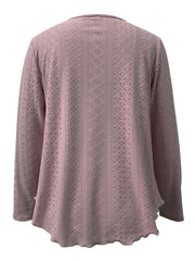 Dusty Pink eyelet yoke blouse with long sleeves and scalloped hem.