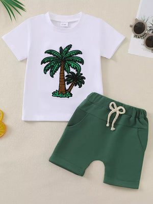 White t-shirt with embroidered palm trees and green shorts baby set