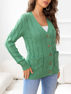Green cable-knit cardigan with V-neck, buttons, and pockets.