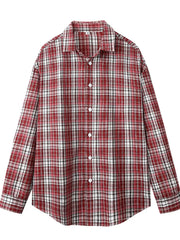 Relaxed fit cotton plaid button-up shirt in Red Grid.