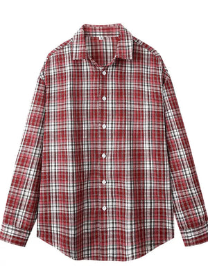Relaxed fit cotton plaid button-up shirt in Red Grid.