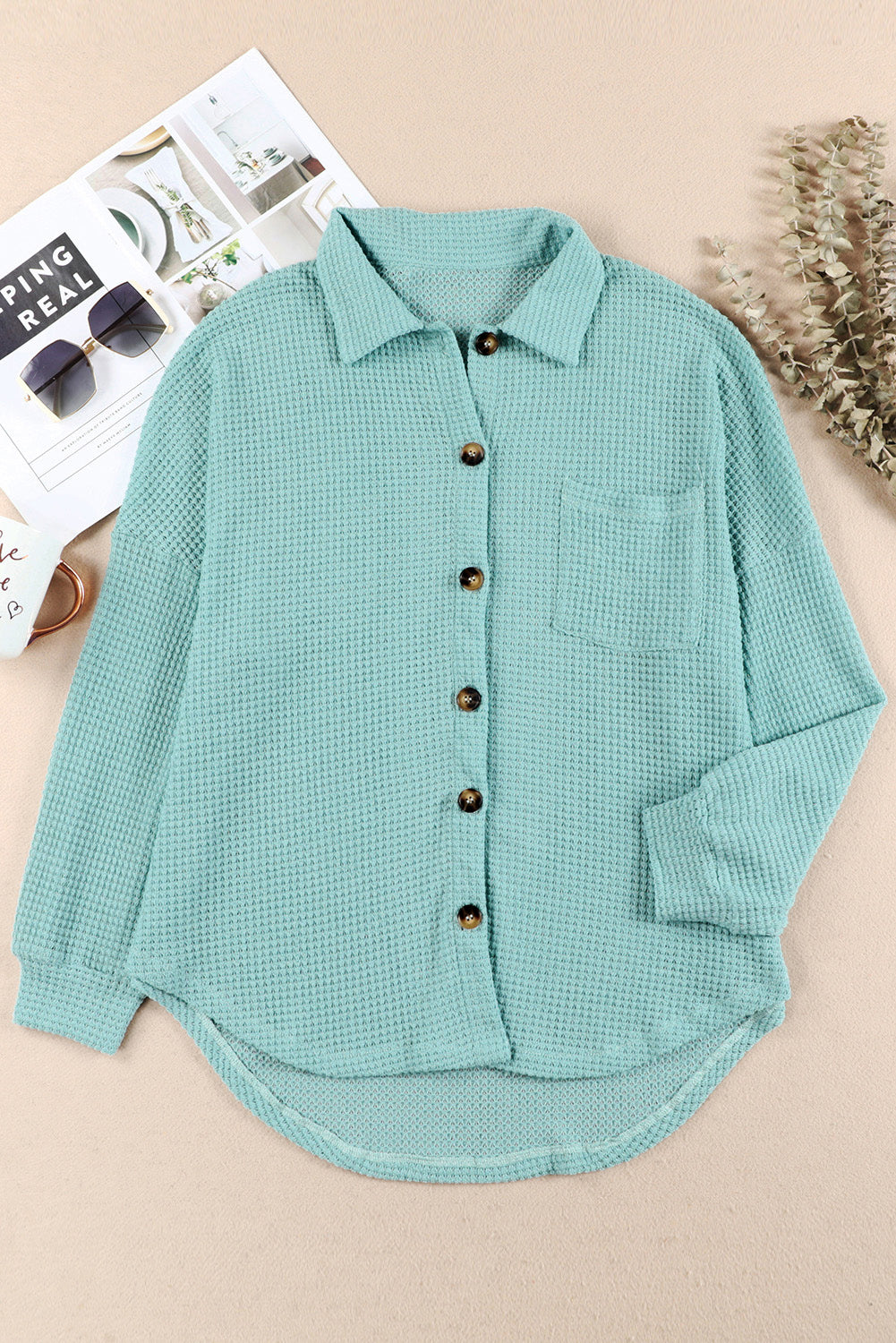 Light Green waffle knit button-down shirt jacket with button closure and chest pocket.