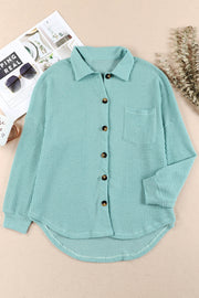 Light Green waffle knit button-down shirt jacket with button closure and chest pocket.