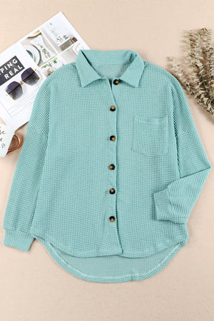 Light Green waffle knit button-down shirt jacket with button closure and chest pocket.