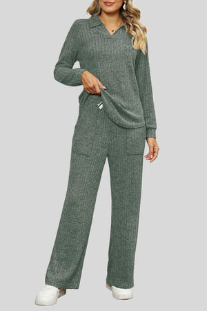 Sage ribbed knit lounge set with collar and drawstring pants with pockets