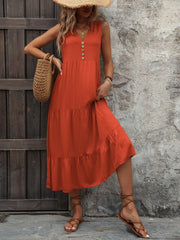Orange-red tiered midi sundress with button detail and V-neck