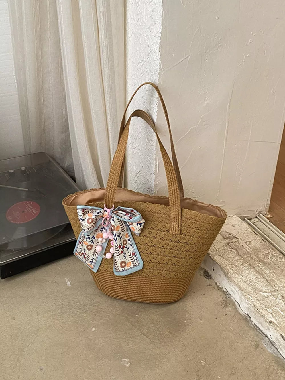 Straw Woven Shoulder Bag in Brown, front view