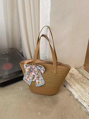 Straw Woven Shoulder Bag in Brown, front view