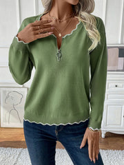 Lime knit sweater with zip neck and scalloped trim details