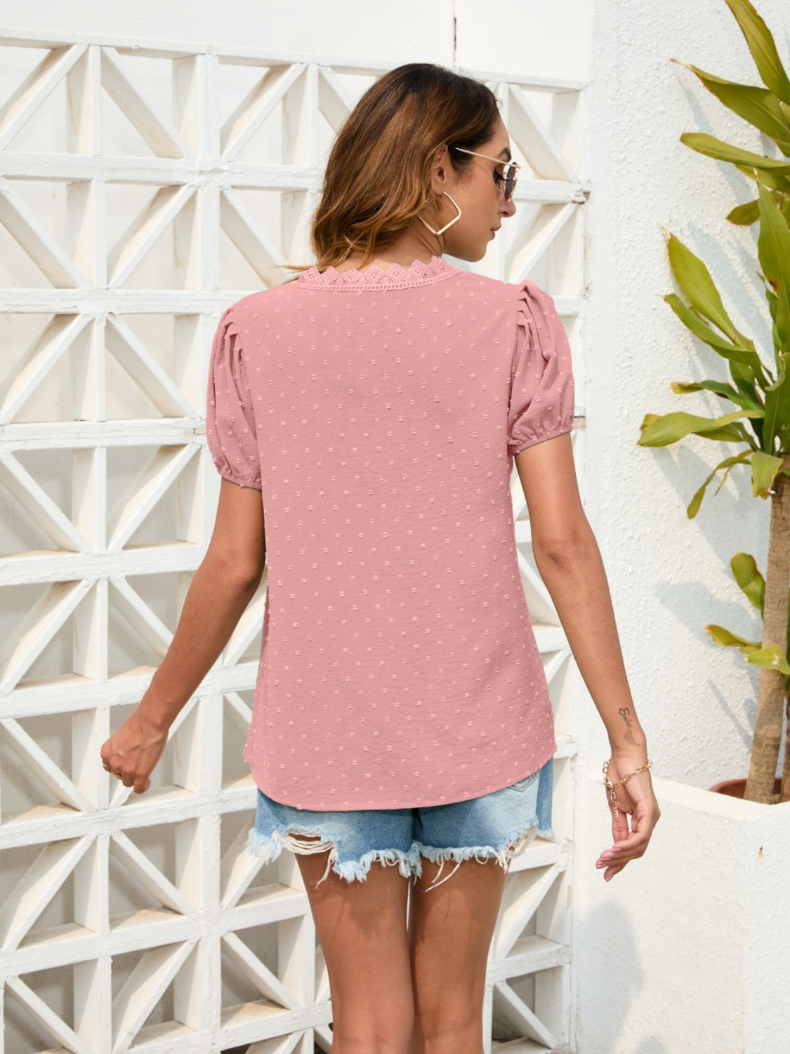 Dusty Pink Dotted Swiss Puff Sleeve Lace Trim Blouse with V-neck