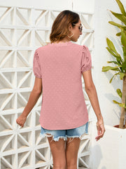 Dusty Pink Dotted Swiss Puff Sleeve Lace Trim Blouse with V-neck