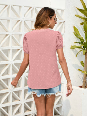 Dusty Pink Dotted Swiss Puff Sleeve Lace Trim Blouse with V-neck