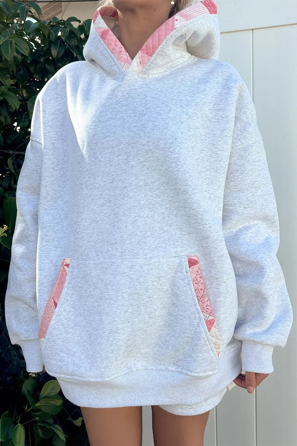 Contrast Patchwork Oversized Hoodie in Light Gray, side view