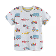 Children's grey cotton t-shirt with all-over vehicle print, short sleeves, and crew neck.