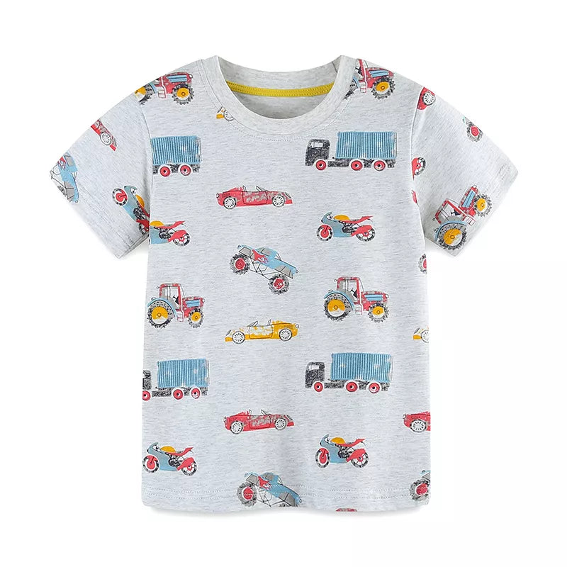 Children's grey cotton t-shirt with all-over vehicle print, short sleeves, and crew neck.