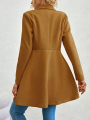 Mustard draped collar flare-hem coat with button detail and long sleeves.
