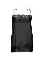 Black satin cami top with lace trim neckline and hem