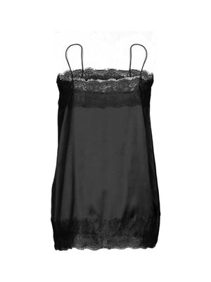 Black satin cami top with lace trim neckline and hem
