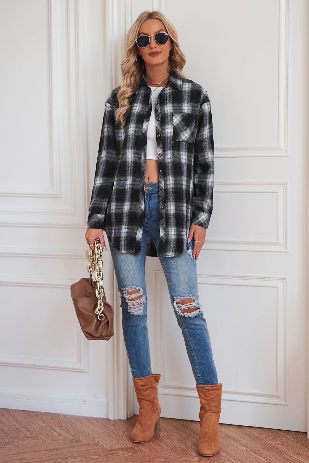 Black plaid drop-shoulder jacket with button front and chest pocket