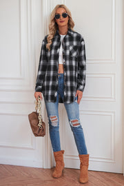 Black plaid drop-shoulder jacket with button front and chest pocket