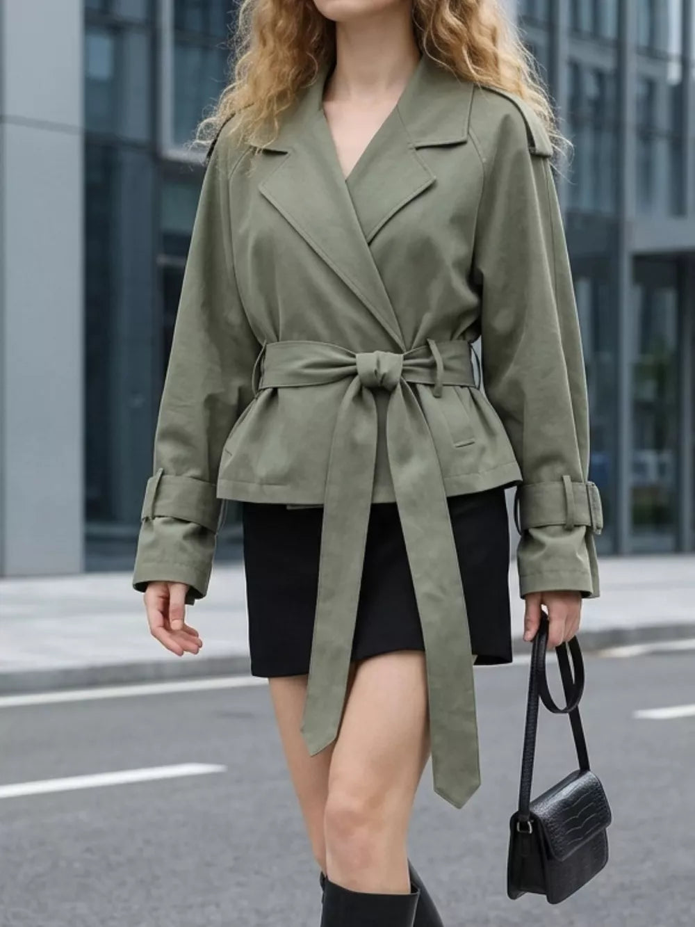 Lapel Collar Belted Cropped Trench in Moss, side view