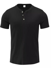 Black ribbed henley tee for men with button detail and short sleeves