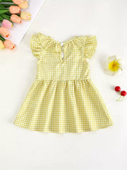 Yellow gingham baby dress with ruffle collar and sleeves.