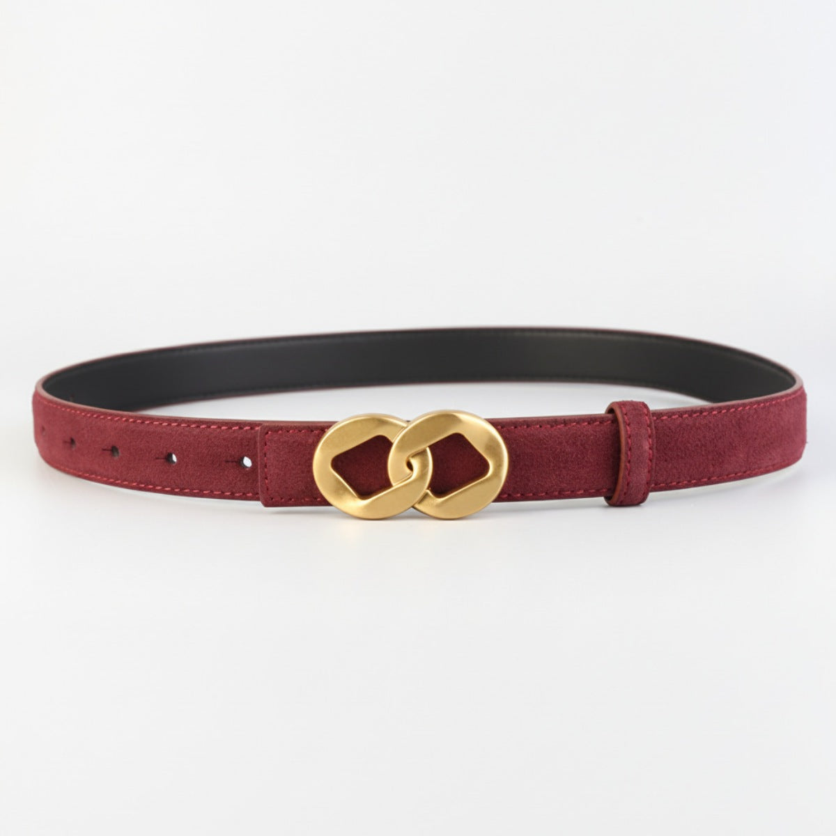 Burgundy suede belt with interlocking gold buckle