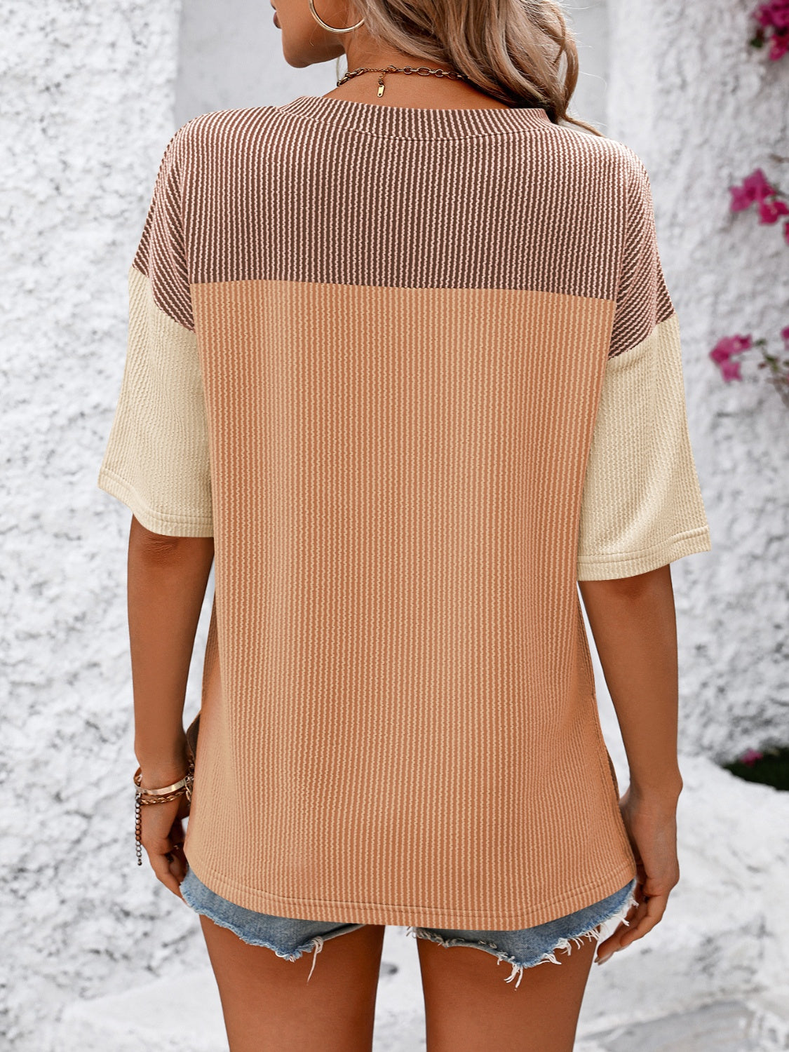 Mandy Color Pop T-Shirt in Camel/Orange with block color panels and striped texture.