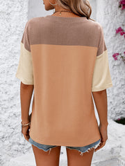 Mandy Color Pop T-Shirt in Camel/Orange with block color panels and striped texture.