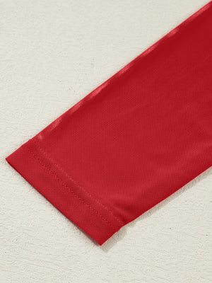 Deep red sheer mesh maternity blouse with long sleeves and a high neck detail.