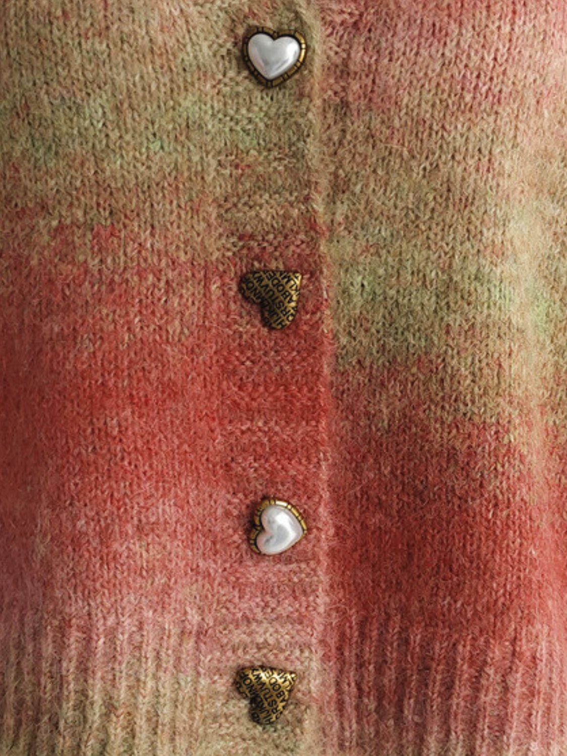 Ombre knit cardigan with heart buttons and textured acrylic blend fabric.