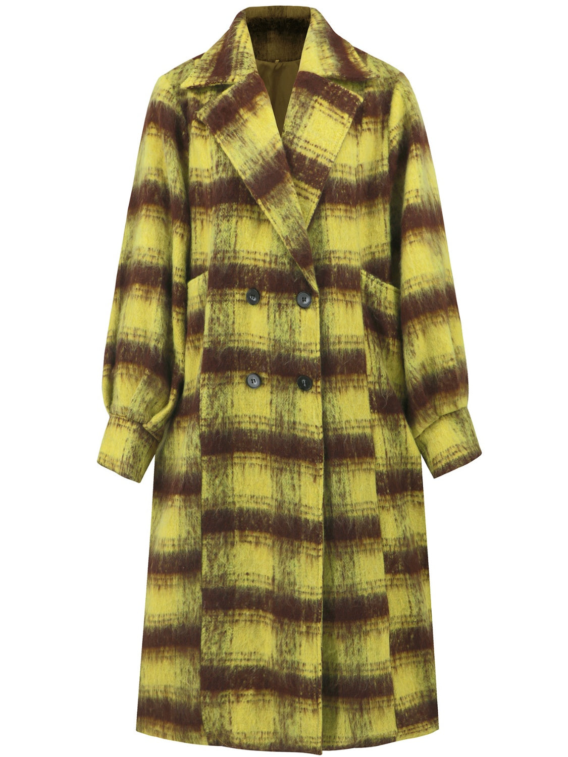 Checked plaid oversized cocoon coat in lime with double-breasted closure and wide lapels.