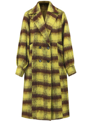 Checked plaid oversized cocoon coat in lime with double-breasted closure and wide lapels.