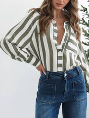 Maternity button-front shirt with green and white stripes and a chest pocket.