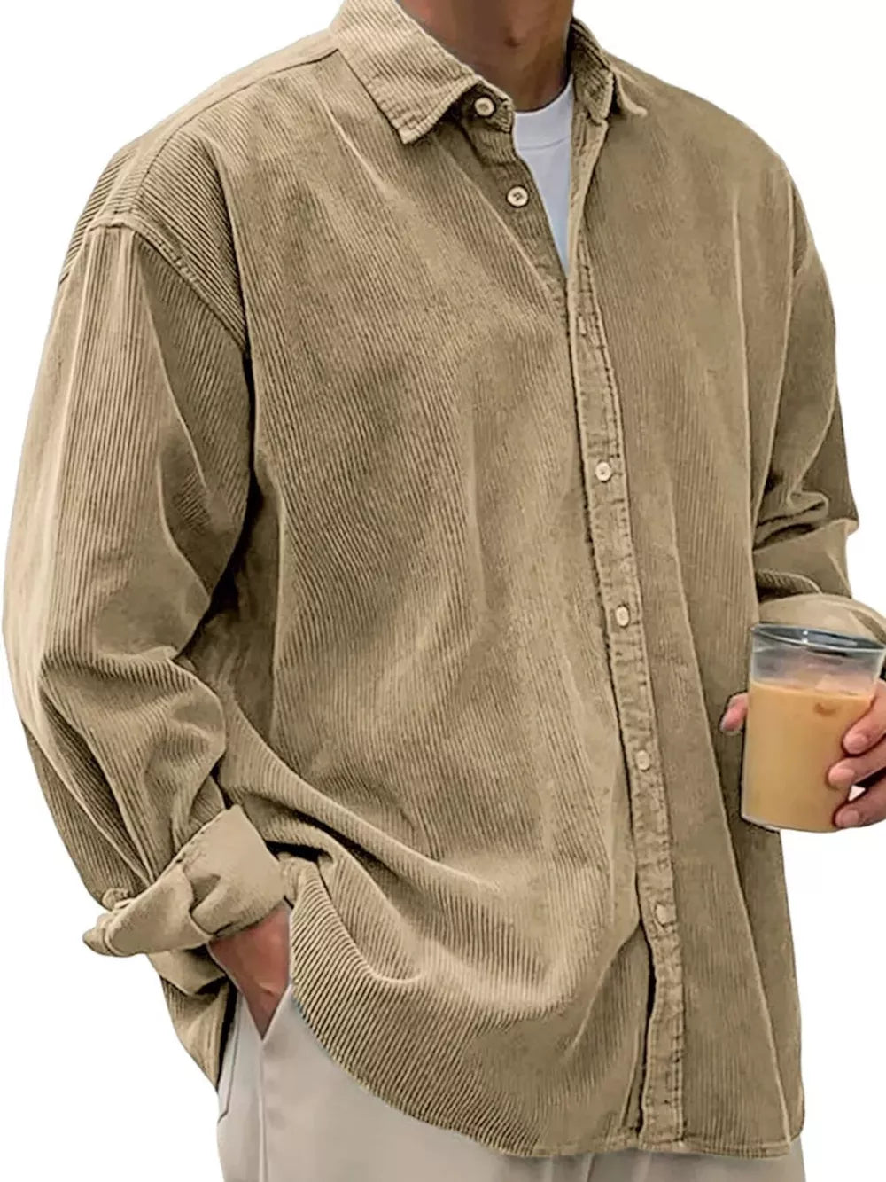 Khaki corduroy button-up shirt for men with a classic fit and buttoned front.