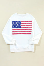 White crewneck sweatshirt with distressed American flag graphic.