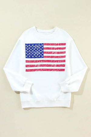 White crewneck sweatshirt with distressed American flag graphic.