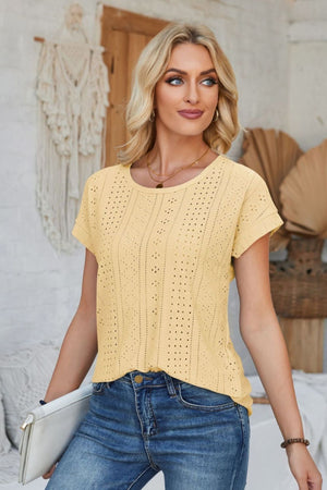 Light Yellow perforated eyelet tee with cuffed short sleeves and crew neck.