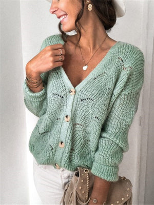 Light Green scalloped knit button-down cardigan with V-neck and openwork detail.