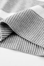 Light gray and white striped knit pullover sweater with wide collar detail.