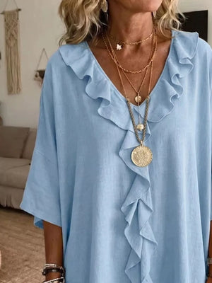 Full Size Ruffle V-neck 3/4 Sleeve Blouse Plus Size in Green, fabric detail