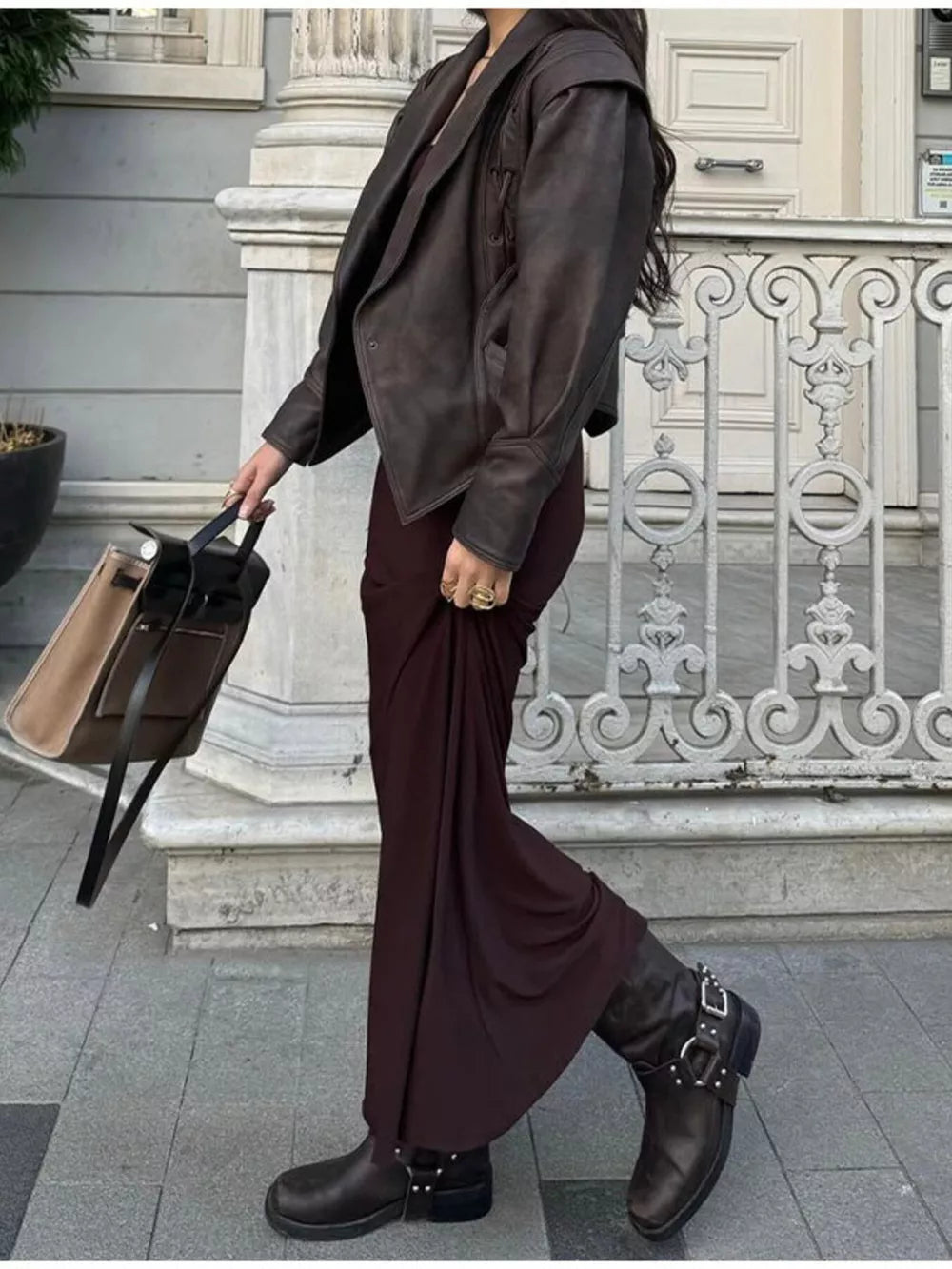 Belted Leather Jacket With Shawl Collar in Dark Brown, fabric detail