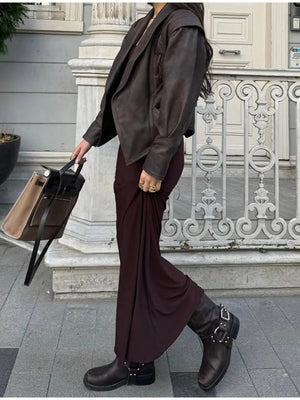 Belted Leather Jacket With Shawl Collar in Dark Brown, fabric detail