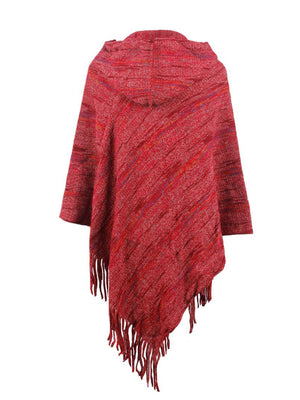 Hooded mélange cape in wine with fringe detail and diagonal knit pattern.
