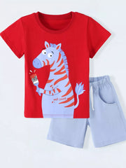 Children's Zebra Graphic Round Neck T-shirt And Shorts Set, side view