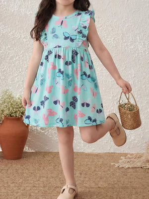Children's Butterfly Print Ruffle Sleeve Dress, front view