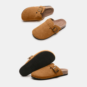 Suede clog slides in caramel with buckle detail and cork sole.