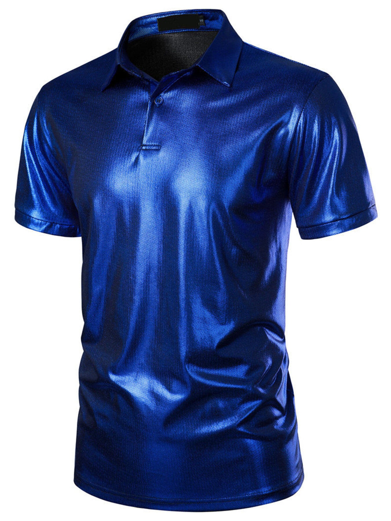 Blue metallic polo shirt with textured finish and collared neckline.
