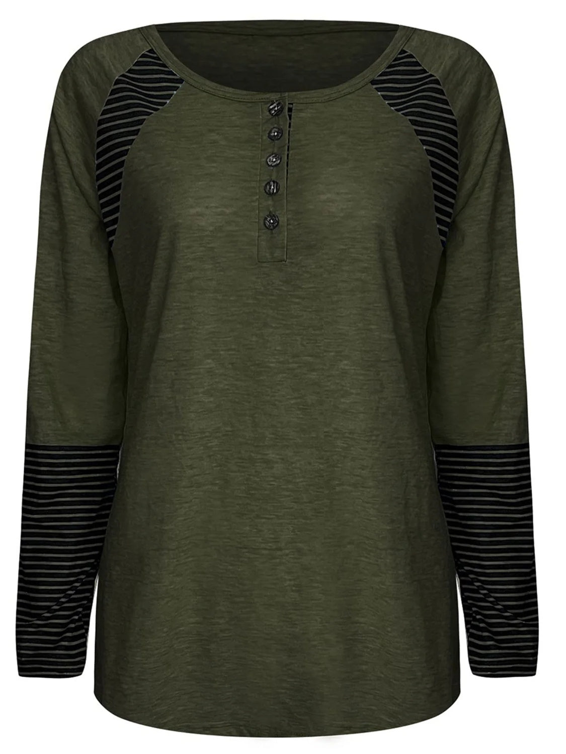 Army green henley tee with button placket and striped raglan sleeves.